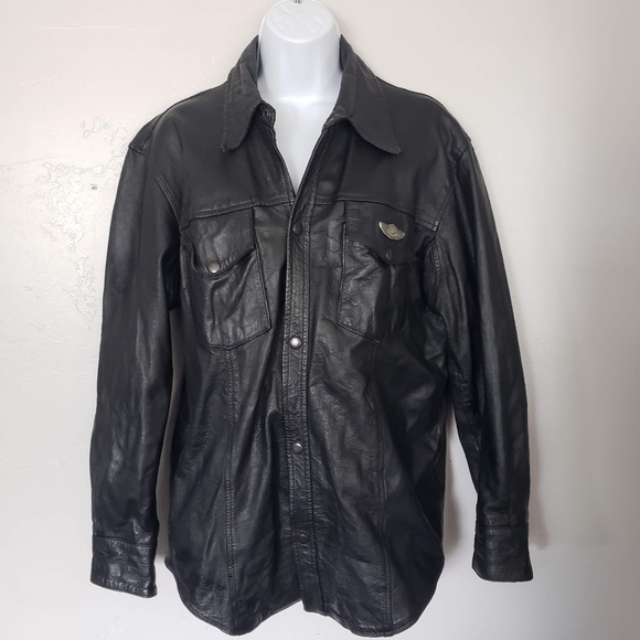 Zony Inc. Vintage 2002 Black Leather Jacket Snap Buttons Harley Davidson Pocket - Picture 1 of 11